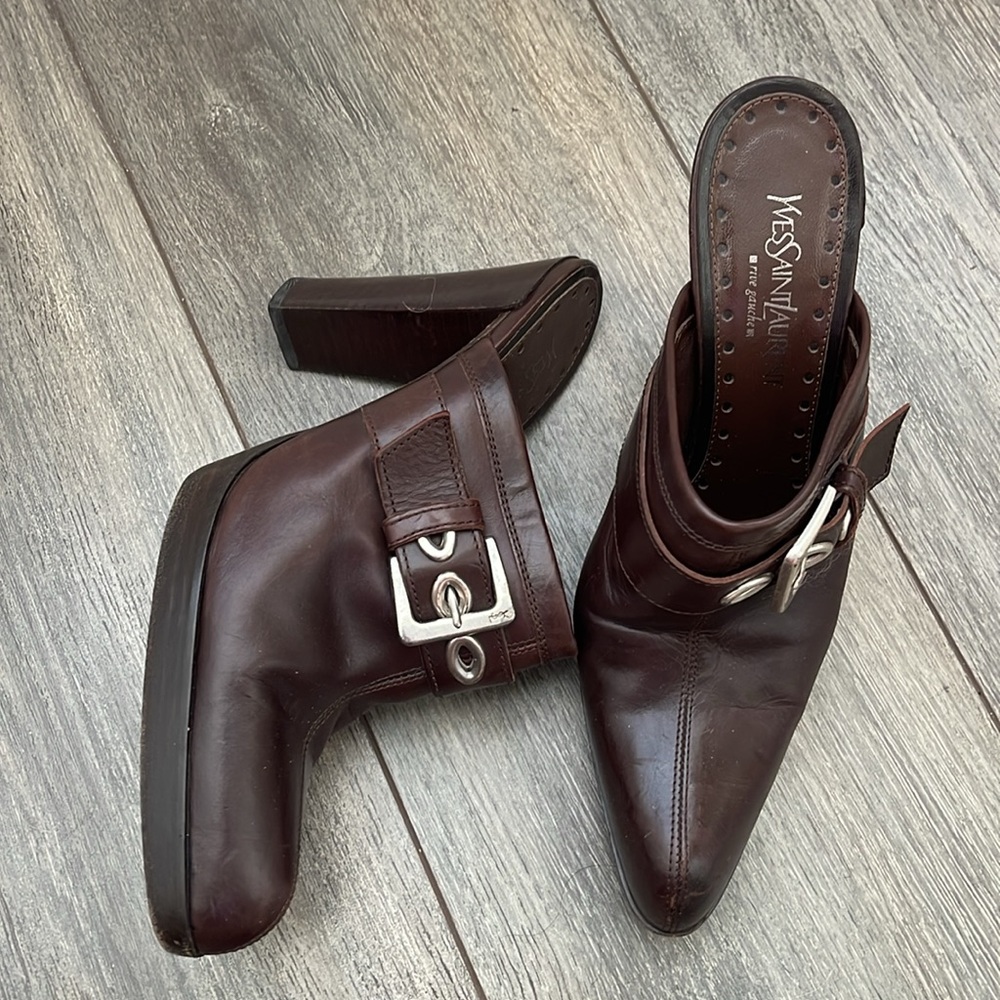 Vintage Y2k Yves Saint Laurent Brown Leather Pointed Mules with Silver Buckle